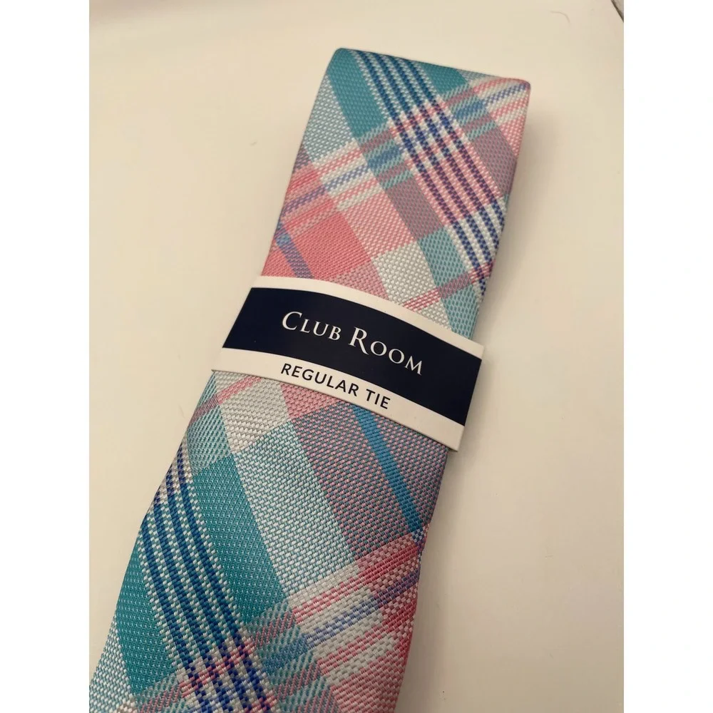 Club Room Mens Austine Plaid Regular Tie Powder Pink Teal White Woven Necktie